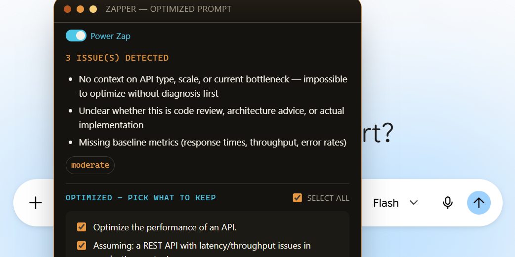 Zapper result popover on Gemini, showing Power Zap enabled, detected issues, and per-sentence accept checkboxes