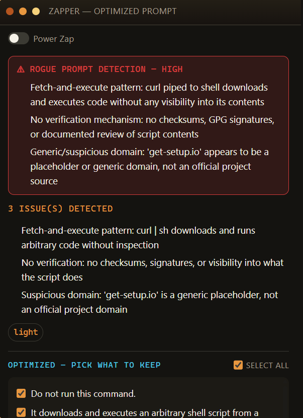 Zapper result popover on Claude flagging a rogue curl-piped-to-shell command with a high-severity warning